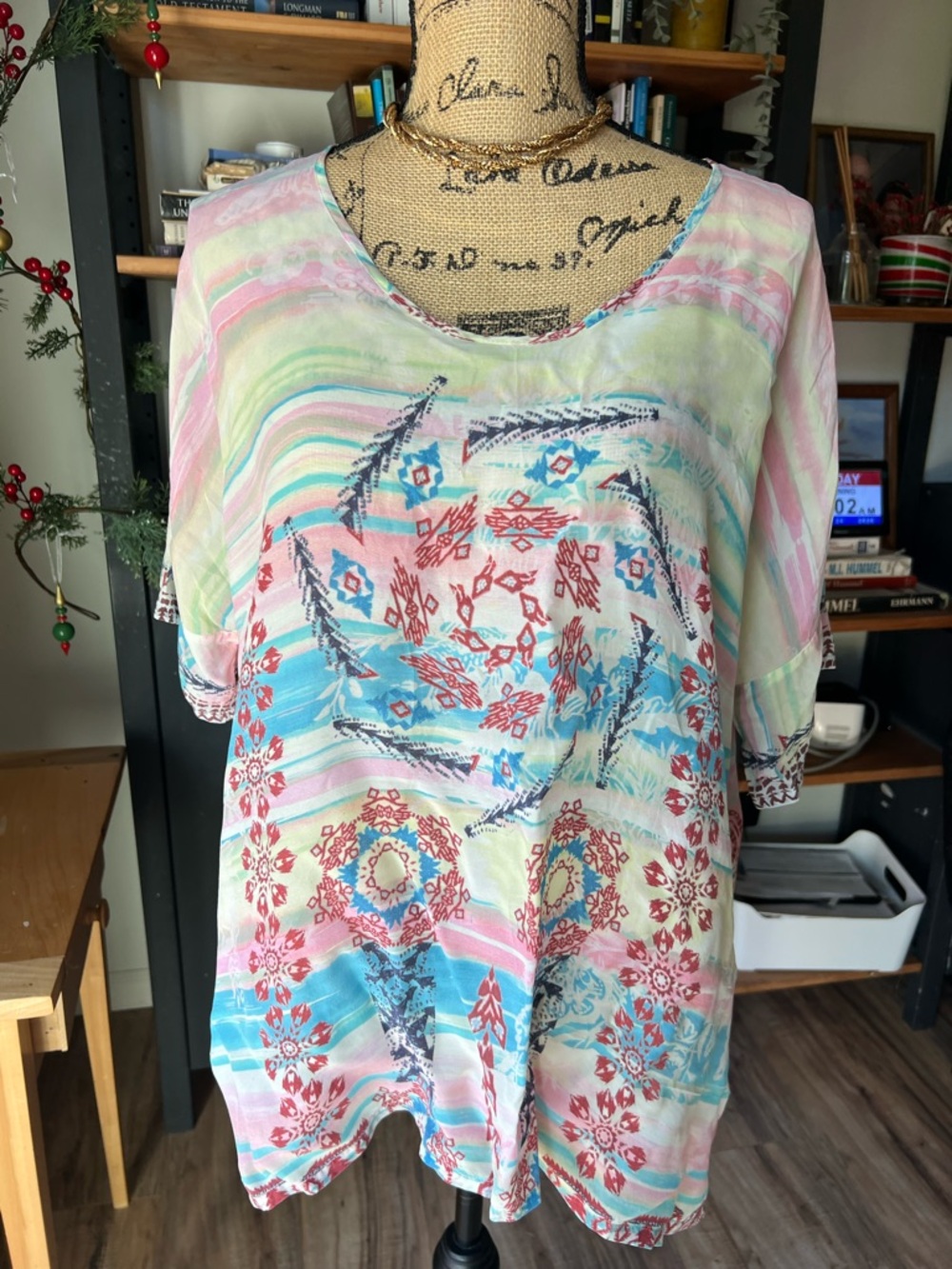 Johnny Was Pastel Multi-Print Scoop Neck Tunic in Pink, Blue & Green